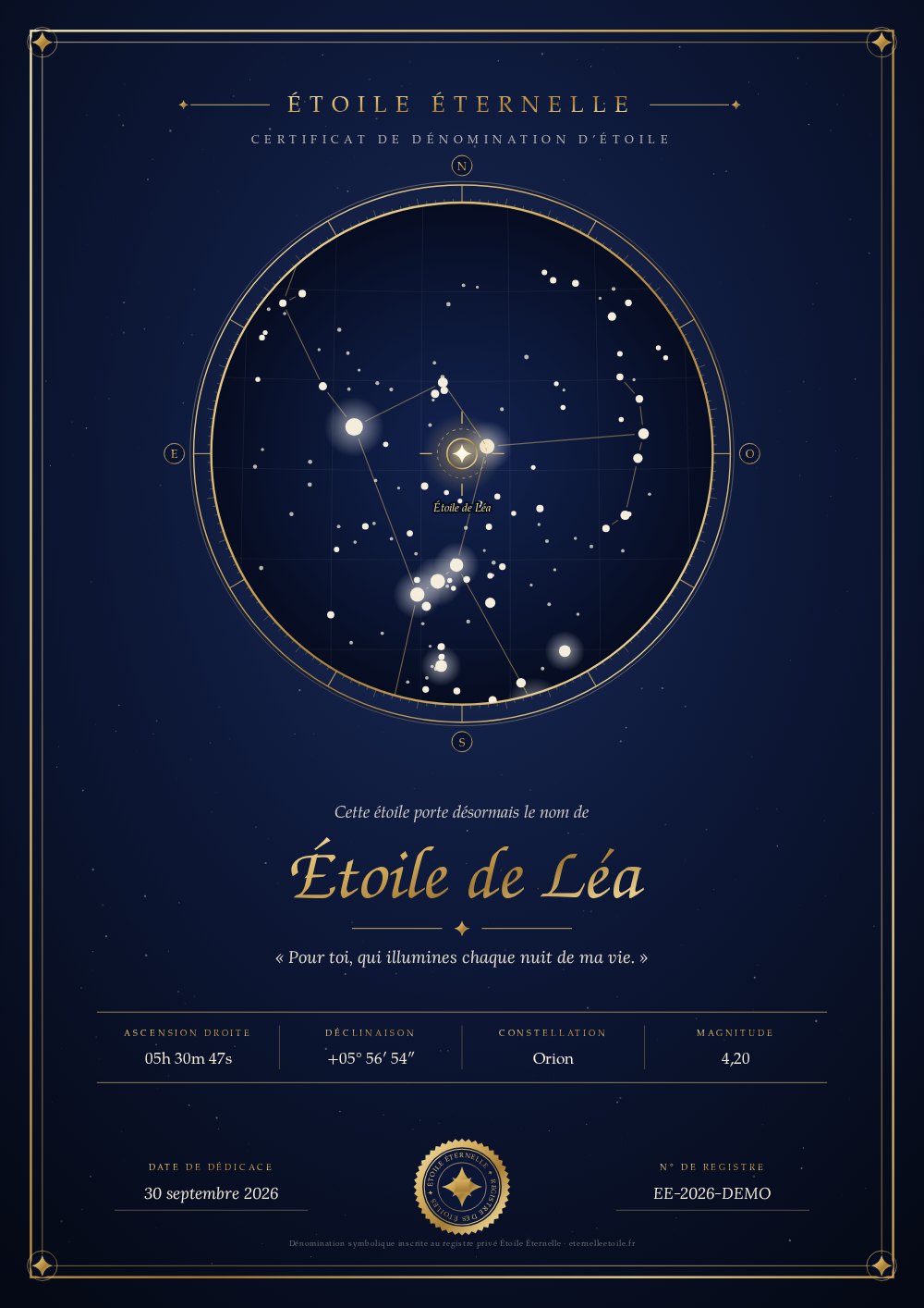 Exemple de certificat Étoile Éternelle : carte céleste réelle centrée sur l'étoile nommée, nom calligraphié, coordonnées et sceau doré